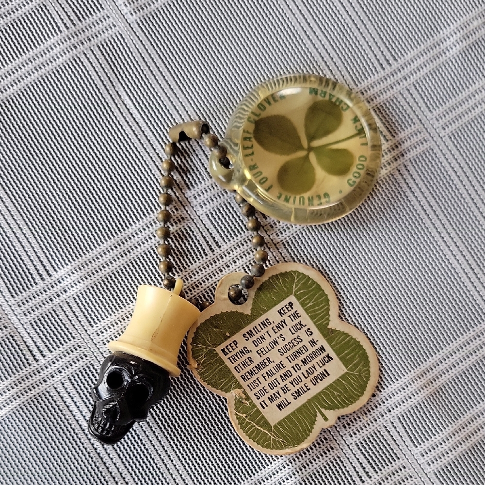 Ball Chain with Lucky Four Leaf Clover Charm with Black Skull - Picture 1 of 5